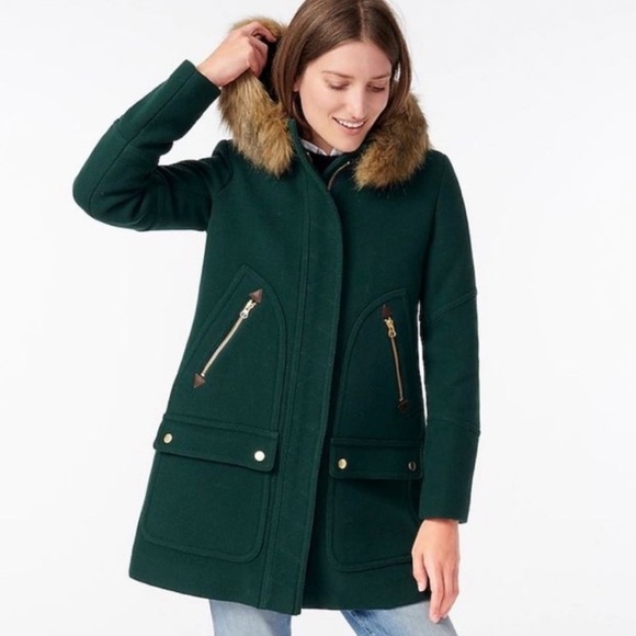 J. Crew Green Stadium Cloth Nello Gori Wool Pea Coat with Faux Fur Trim 8 - Picture 1 of 7
